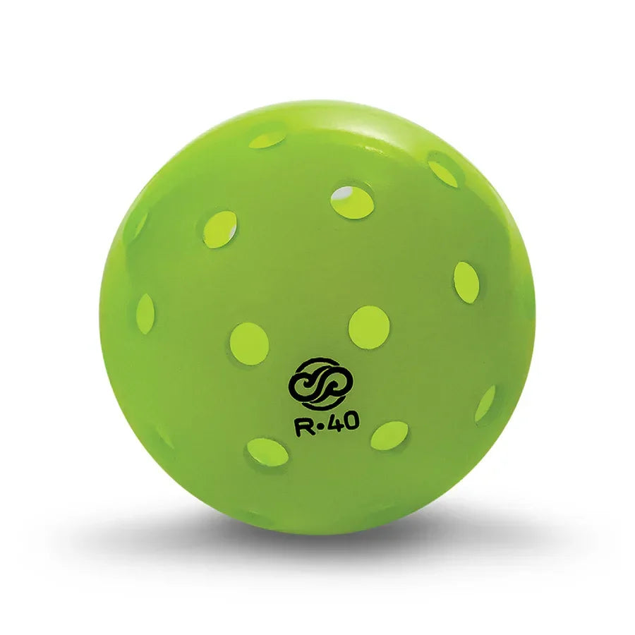 Single neon yellow Chill Pickle R40 outdoor pickleball shown isolated on a white background