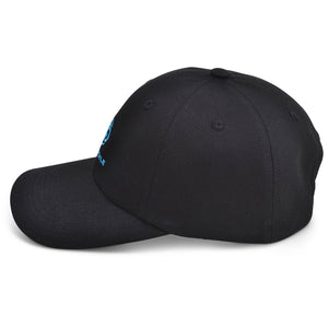 Side view of black Chill Pickle pickleball baseball cap with curved brim