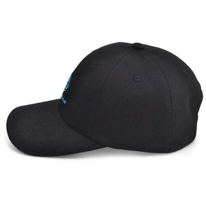 Side view of black Chill Pickle pickleball baseball cap with curved brim