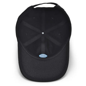 Top-down inside view of black Chill Pickle pickleball baseball cap with embroidered logo