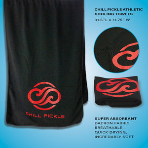Chill Pickle black cooling towel with red logo in retail packaging