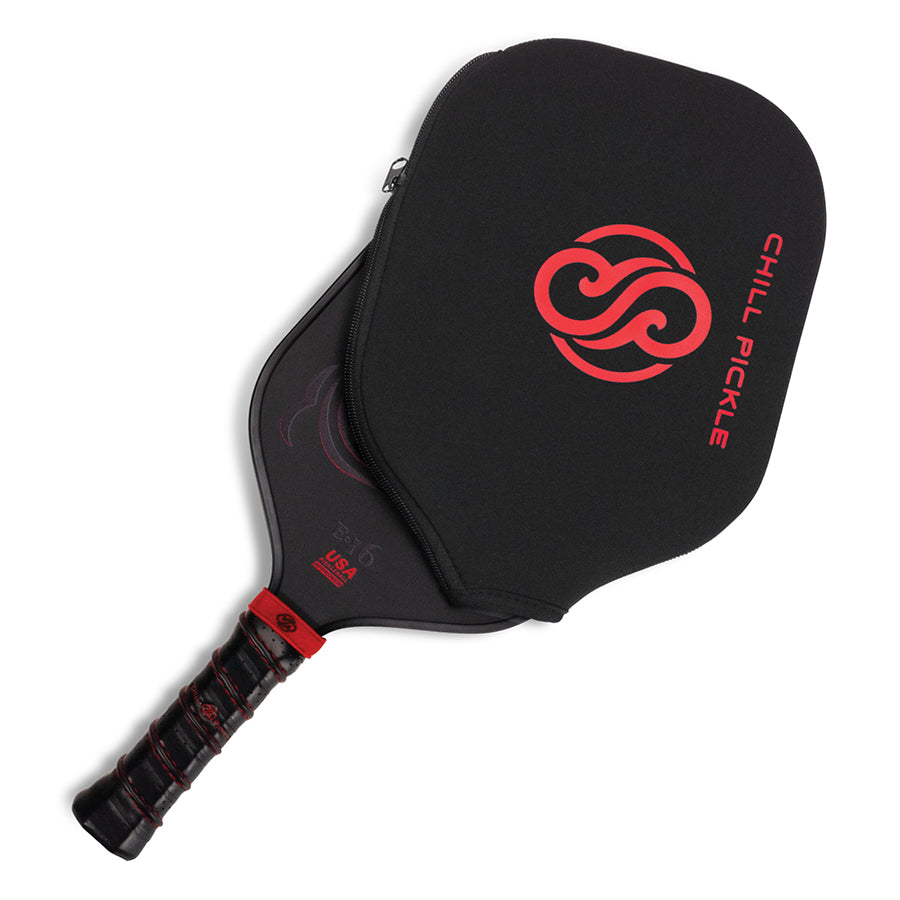 Chill Pickle black pickleball paddle cover shown on paddle