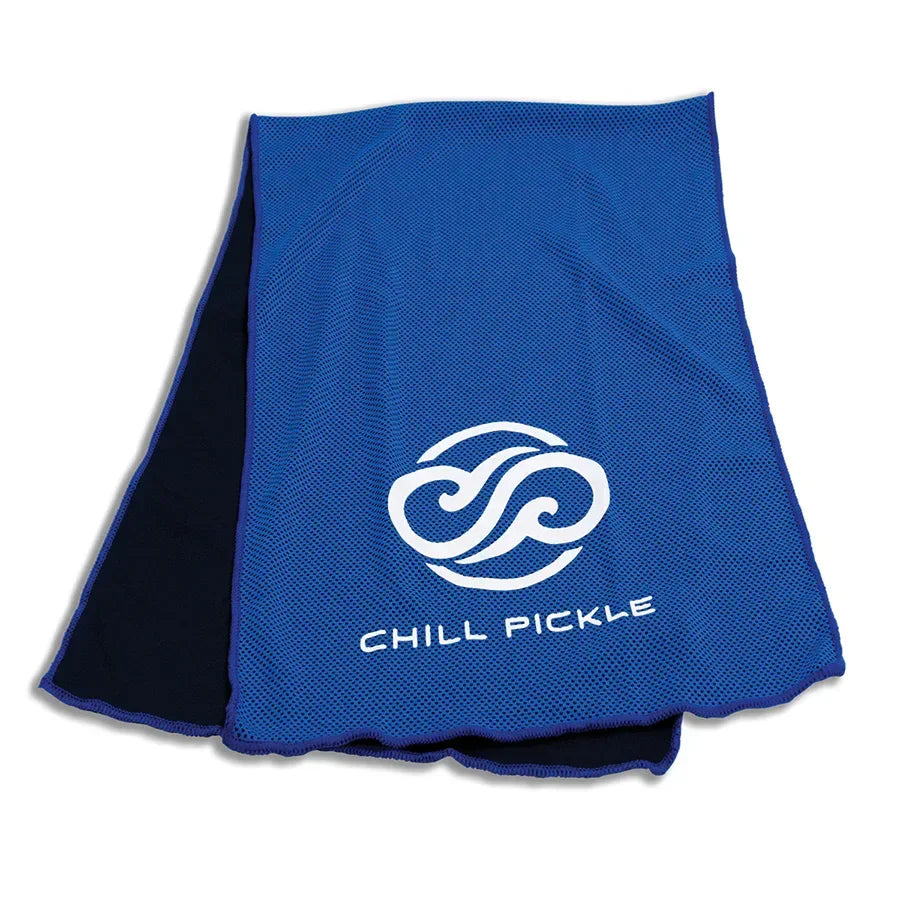 Royal blue Chill Pickle cooling towel displayed flat with contrast white logo