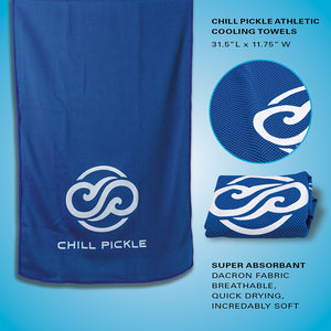 Chill Pickle blue cooling towel with tropical logo in retail packaging