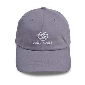 Heather gray Chill Pickle baseball cap with stitched swirl logo on front panel