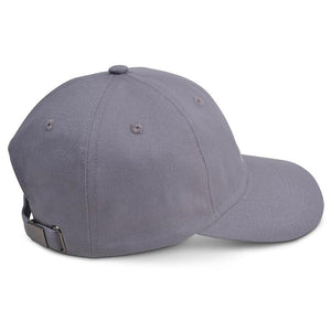 Side view of gray Chill Pickle pickleball baseball cap with curved brim