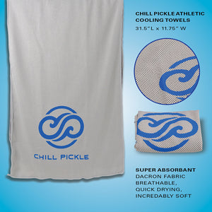 Chill Pickle gray cooling towel with blue logo in retail packaging