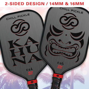 Front and back view of Chill Pickle Kahuna pickleball paddles showing double-sided face design