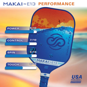 Chill Pickle Makai 13mm pickleball paddle performance feature graphic highlighting control and spin