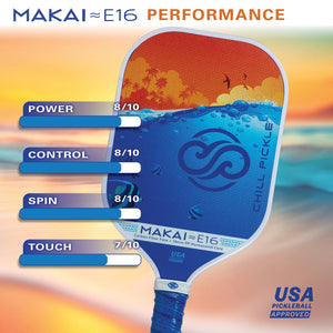 Chill Pickle Makai 16mm pickleball paddle performance feature graphic highlighting power and control