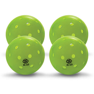 Four Chill Pickle R40 outdoor pickleballs grouped together to show uniform size and construction