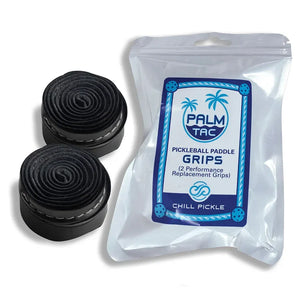 Chill Pickle black with white stitch pickleball overgrip rolls packaged for clean contrast styling
