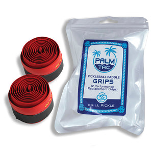 Chill Pickle red with yellow stitch pickleball overgrip rolls packaged together for high-visibility color pairing