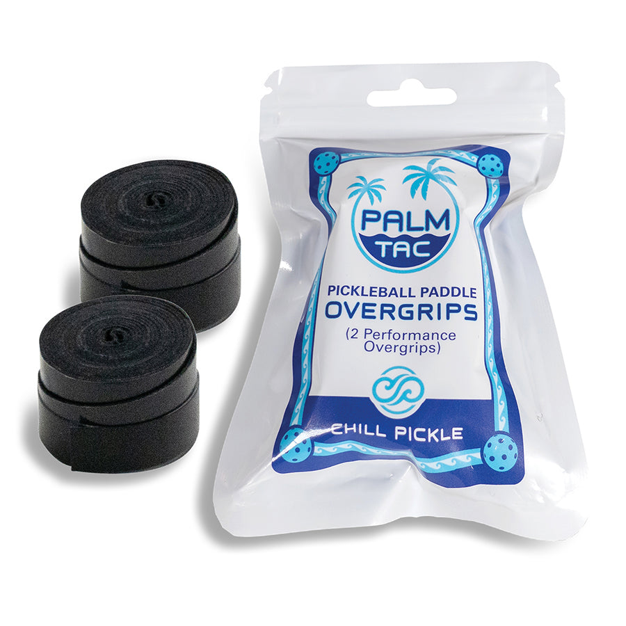 Chill Pickle solid black pickleball overgrip rolls presented beside branded pouch
