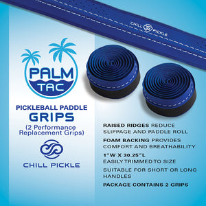 Chill Pickle pickleball paddle grip 2-pack in blue with white stitch for comfort and sweat control