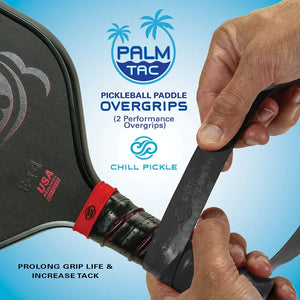 Installing a Chill Pickle black pickleball overgrip on paddle handle for sweat absorption
