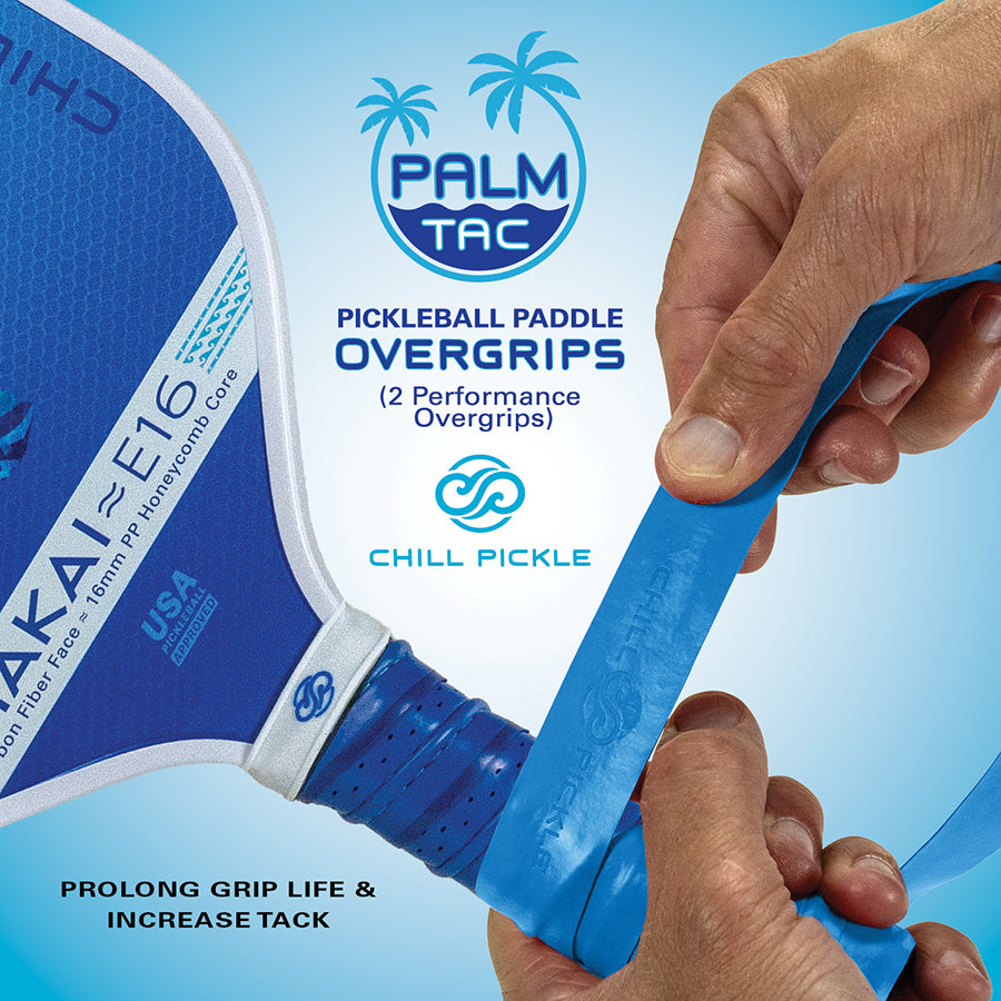 Chill Pickle pickleball blue overgrip being wrapped on paddle handle for improved grip control