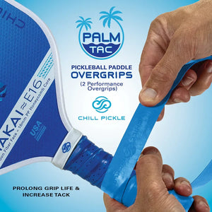 Chill Pickle pickleball blue overgrip being wrapped on paddle handle for improved grip control