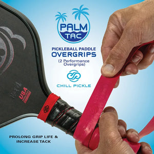 Applying a red Chill Pickle pickleball overgrip to a paddle handle for added tackiness
