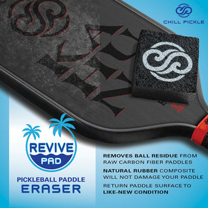 Chill Pickle pickleball paddle eraser shown removing ball residue from carbon surface