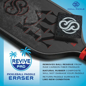 Chill Pickle pickleball paddle eraser shown removing ball residue from carbon surface