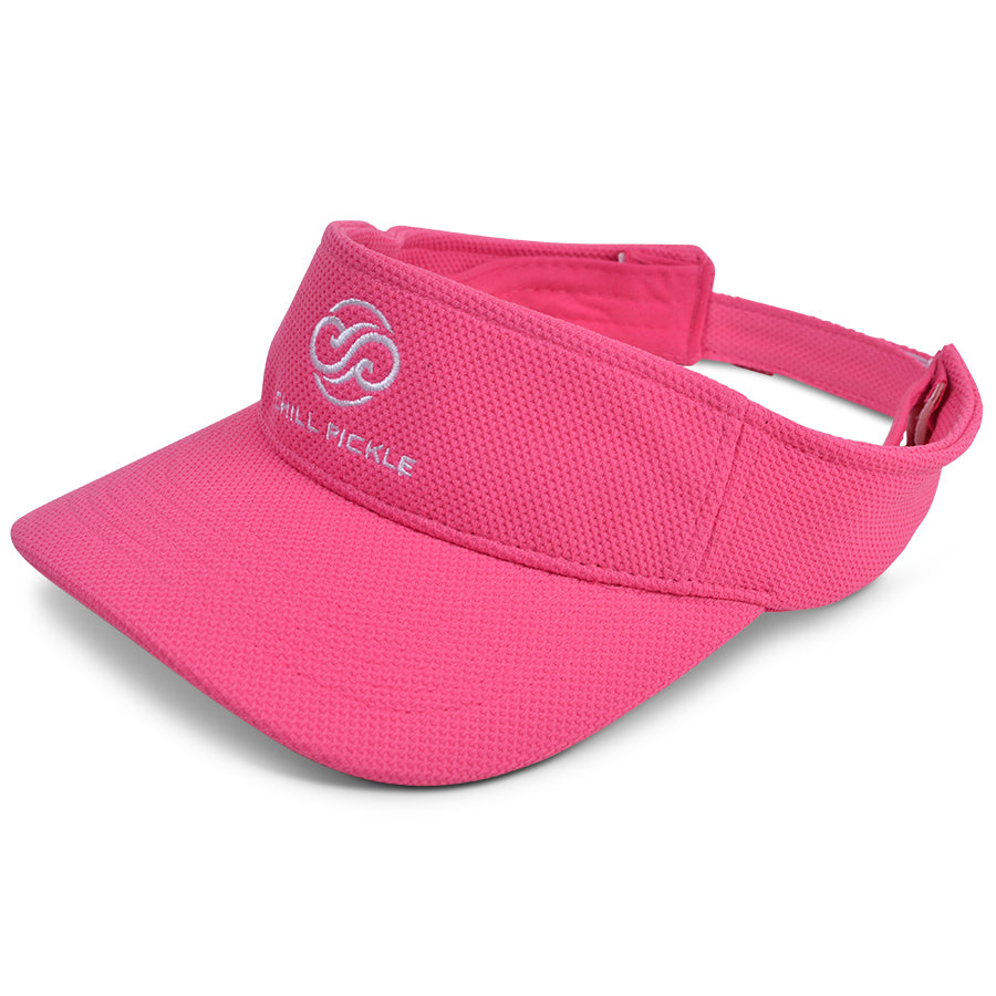 Front view of pink Chill Pickle pickleball sun visor with embroidered logo