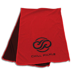 Red Chill Pickle cooling towel folded to show black tropical swirl emblem