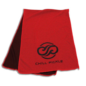 Red Chill Pickle cooling towel folded to show black tropical swirl emblem