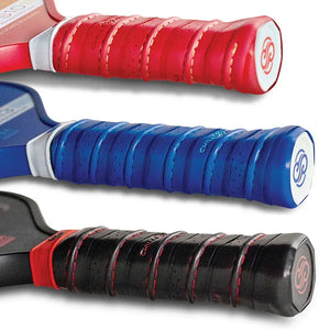 Chill Pickle pickleball replacement grips on handles stacked in red, blue, and black color options