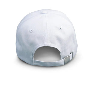 Back view of white Chill Pickle pickleball baseball cap with adjustable strap