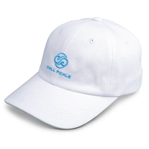 Front view of white Chill Pickle pickleball baseball cap with embroidered logo