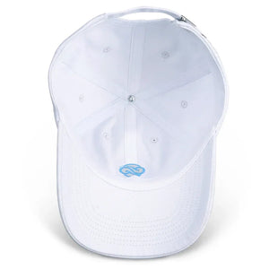 Top-down inside view of white Chill Pickle pickleball baseball cap with embroidered logo