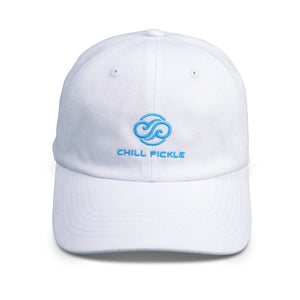 White Chill Pickle performance cap with curved brim and light blue embroidered logo