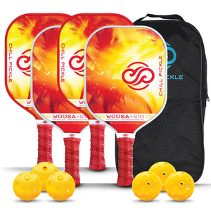 Woosa pickleball value bundle featuring four matching paddles, black carry bag, and yellow outdoor balls