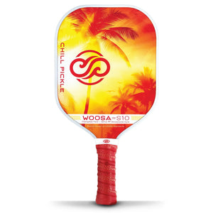 Chill Pickle Woosa beginner pickleball paddle front face with tropical palm tree graphic - white edge guard