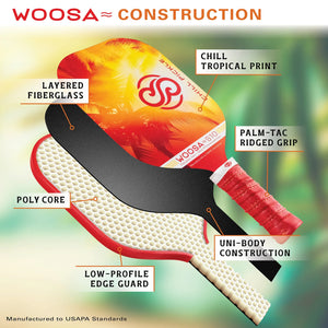 Woosa pickleball paddle layered core structure and surface material breakdown diagram