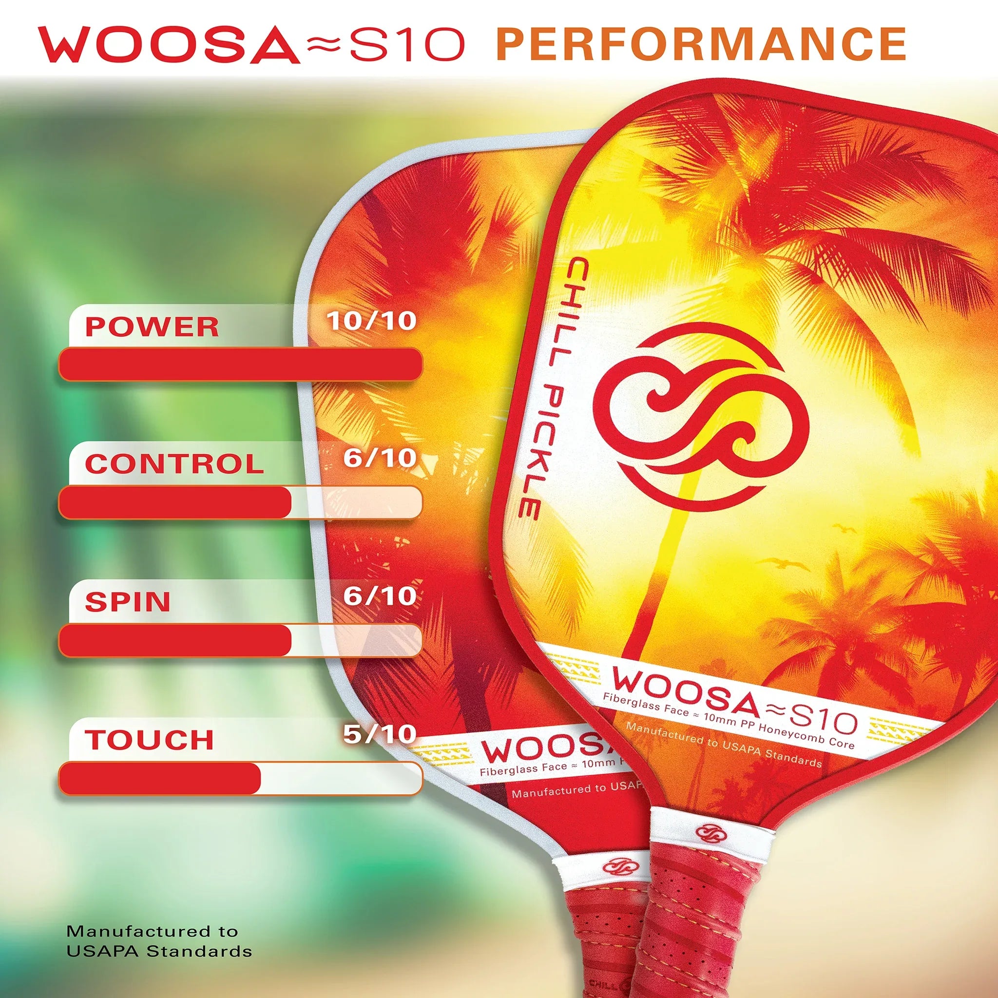 Woosa paddle performance comparison graphic showing control, forgiveness, and hitting zone