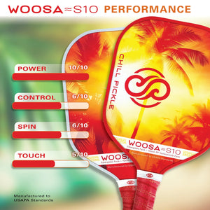 Woosa paddle performance comparison graphic showing control, forgiveness, and hitting zone