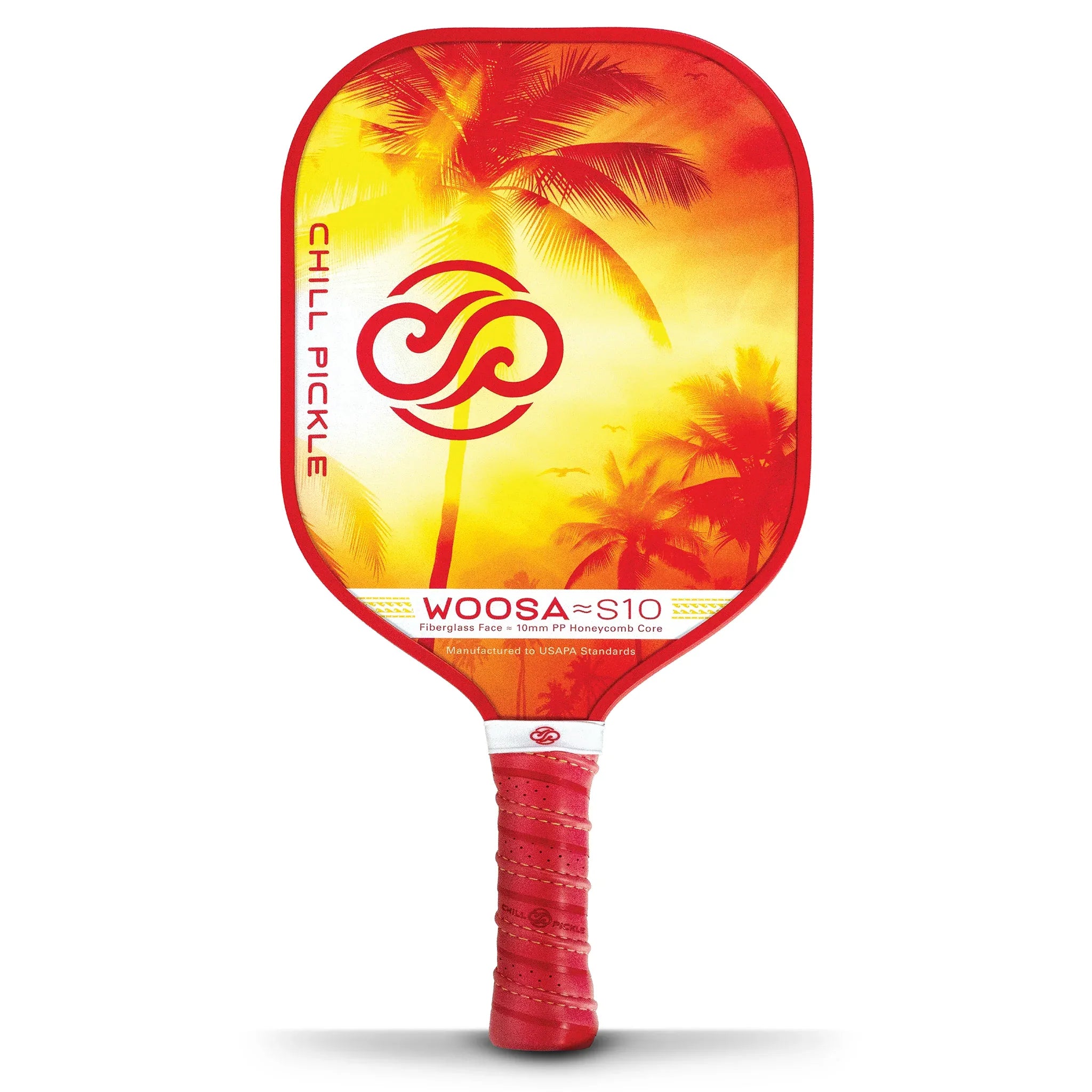 Front-facing Woosa red pickleball paddle with sunset gradient surface and centered logo