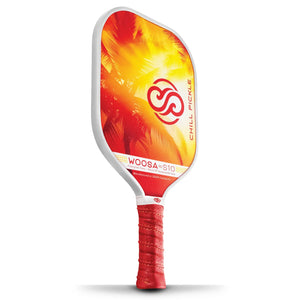 Angled presentation view of white Woosa pickleball paddle on clean white studio background