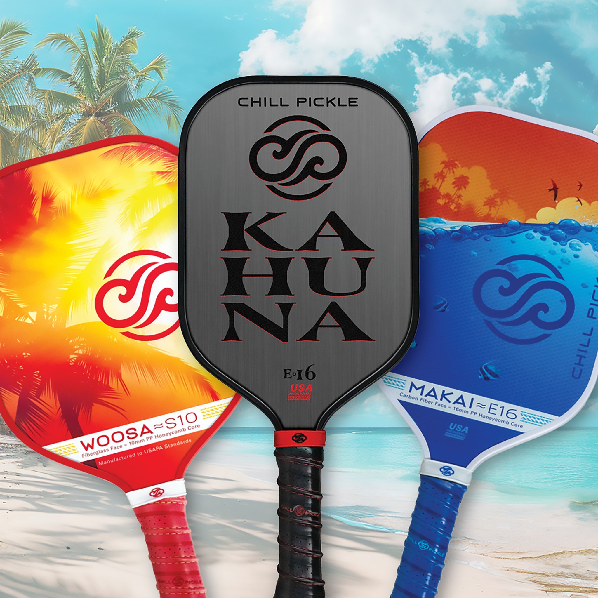 Chill Pickle best-selling pickleball paddles displayed together in vibrant tropical colors