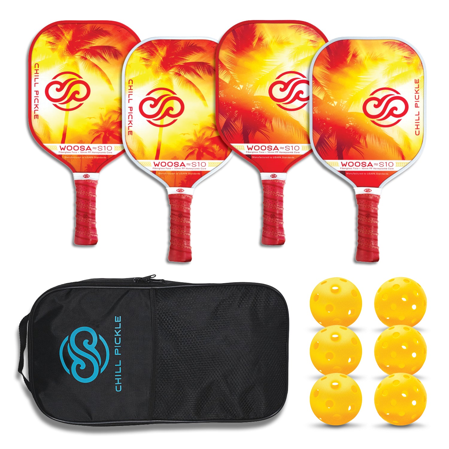 Woosa four pickleball paddle set with palm tree design, a black bag, and six yellow pickleballs on a white background.