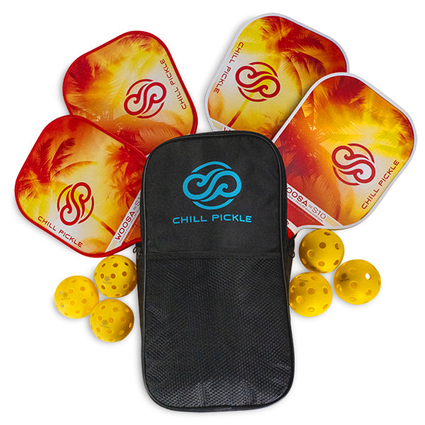 Four beginner pickleball paddles arranged with carry bag and yellow outdoor balls