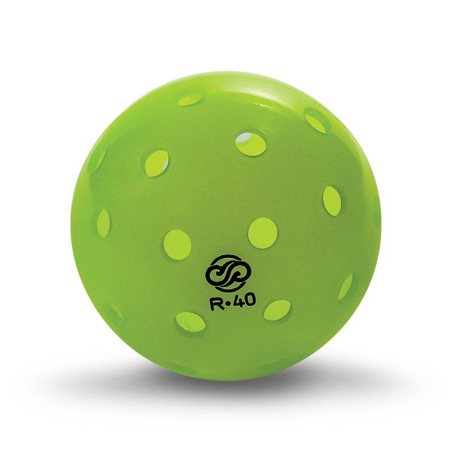 Single neon yellow Chill Pickle R40 outdoor pickleball shown isolated on a white background