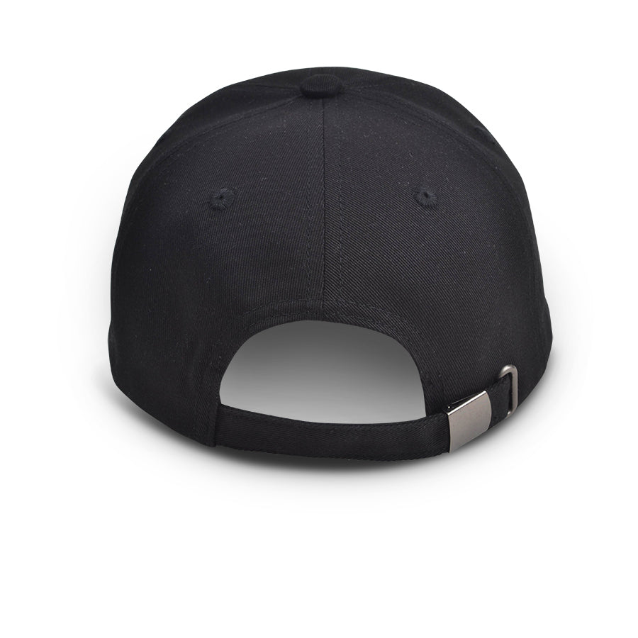 Back view of black Chill Pickle pickleball baseball cap with adjustable strap