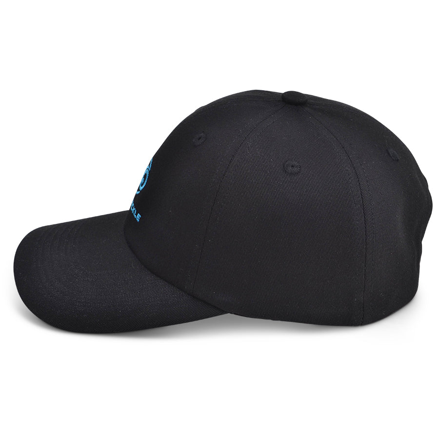 Side view of black Chill Pickle pickleball baseball cap with curved brim