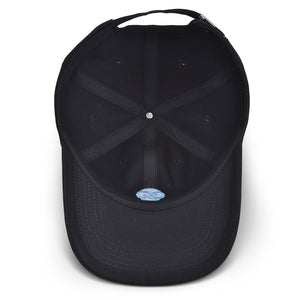 Top-down inside view of black Chill Pickle pickleball baseball cap with embroidered logo