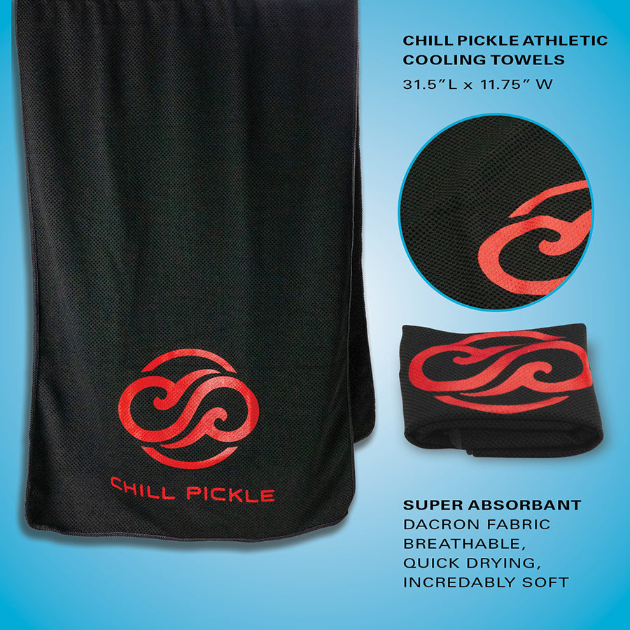 Chill Pickle black cooling towel with red logo in retail packaging