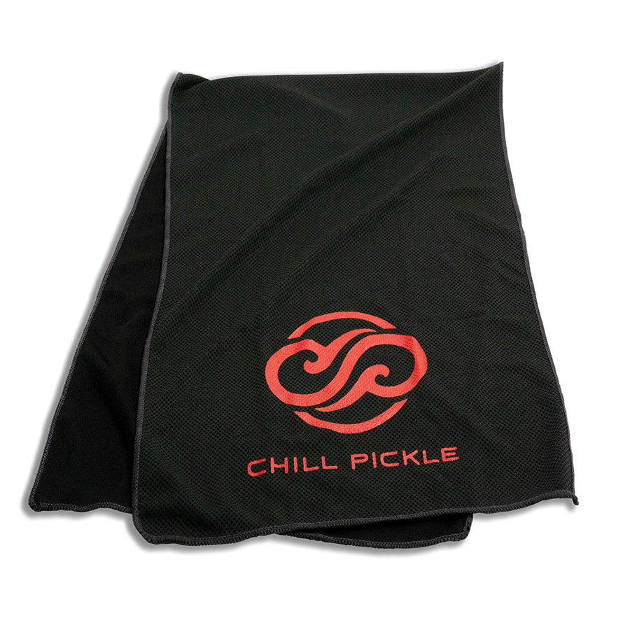 Black Chill Pickle cooling towel with red swirl logo shown in compact fold