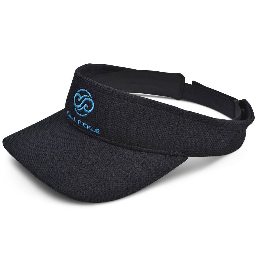 Front view of black Chill Pickle pickleball sun visor with embroidered logo